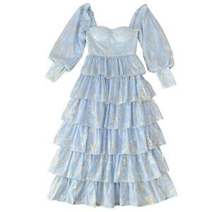 NWT Anna Louise Saint-Tropez Tiered Occasion Dress in Blue/Gold Metallic (6)
